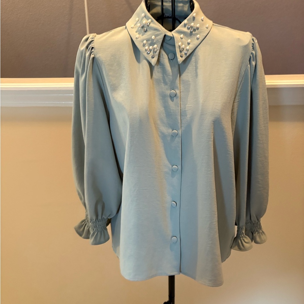 Zara Light Blue Blouse with Embellished Collar